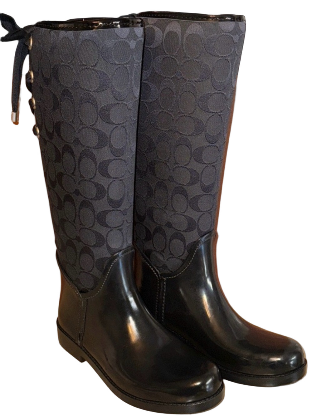 COACH Tristee Tall Knee High Rain Boots Black Logo Monogram Tie Back SZ 11 chic